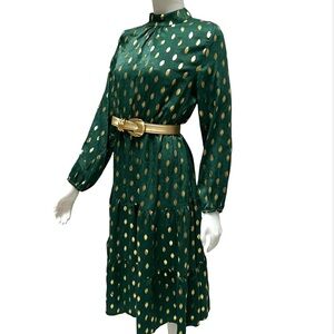 New Emerald Green Ruffle Tiered Dress Mock Neck Polka Dot Romantic Bohemian NWT‎